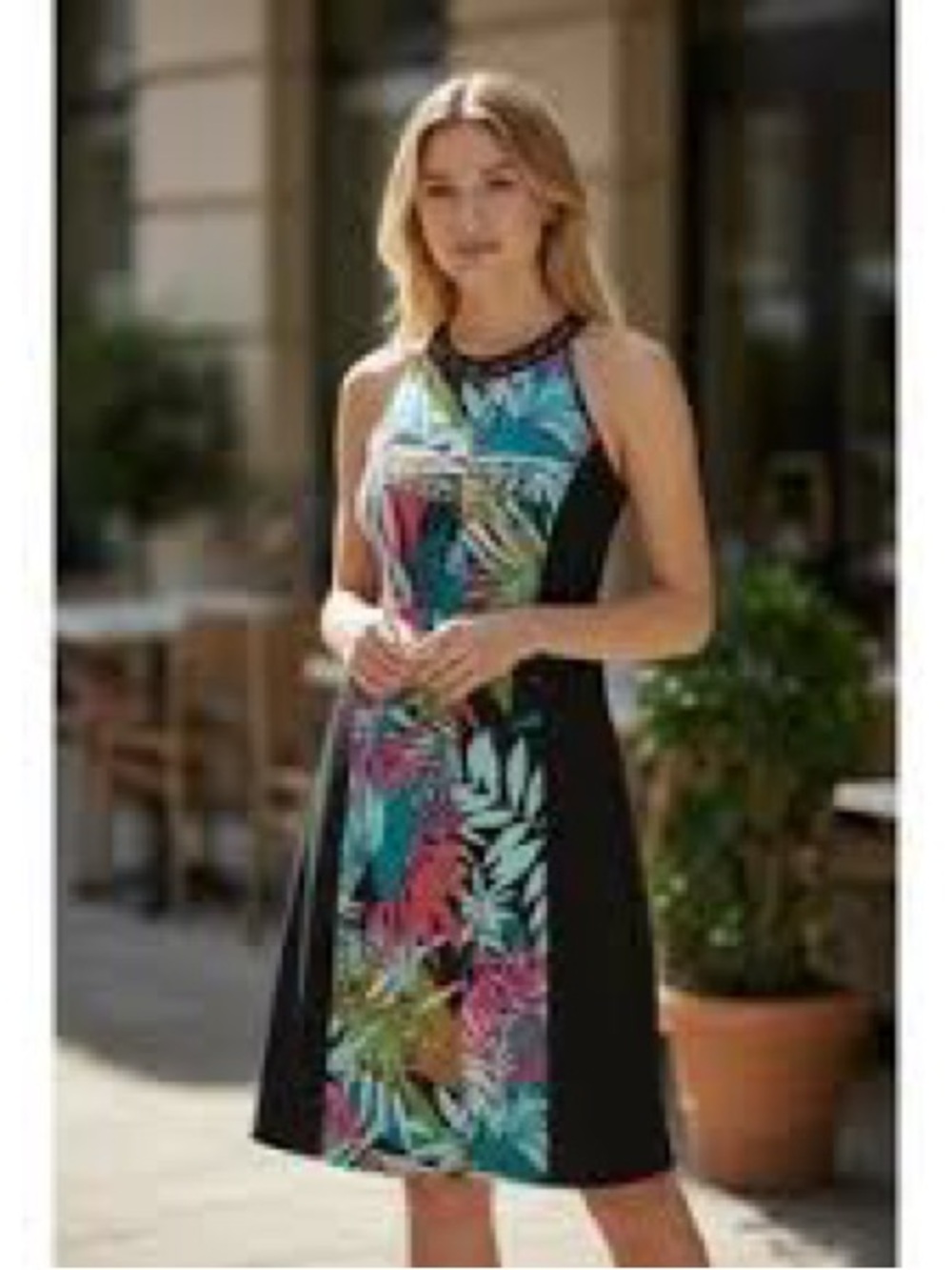 Nicole by Nicole Miller Black with Tropical Multi-Color Panel Midi Dress: 12